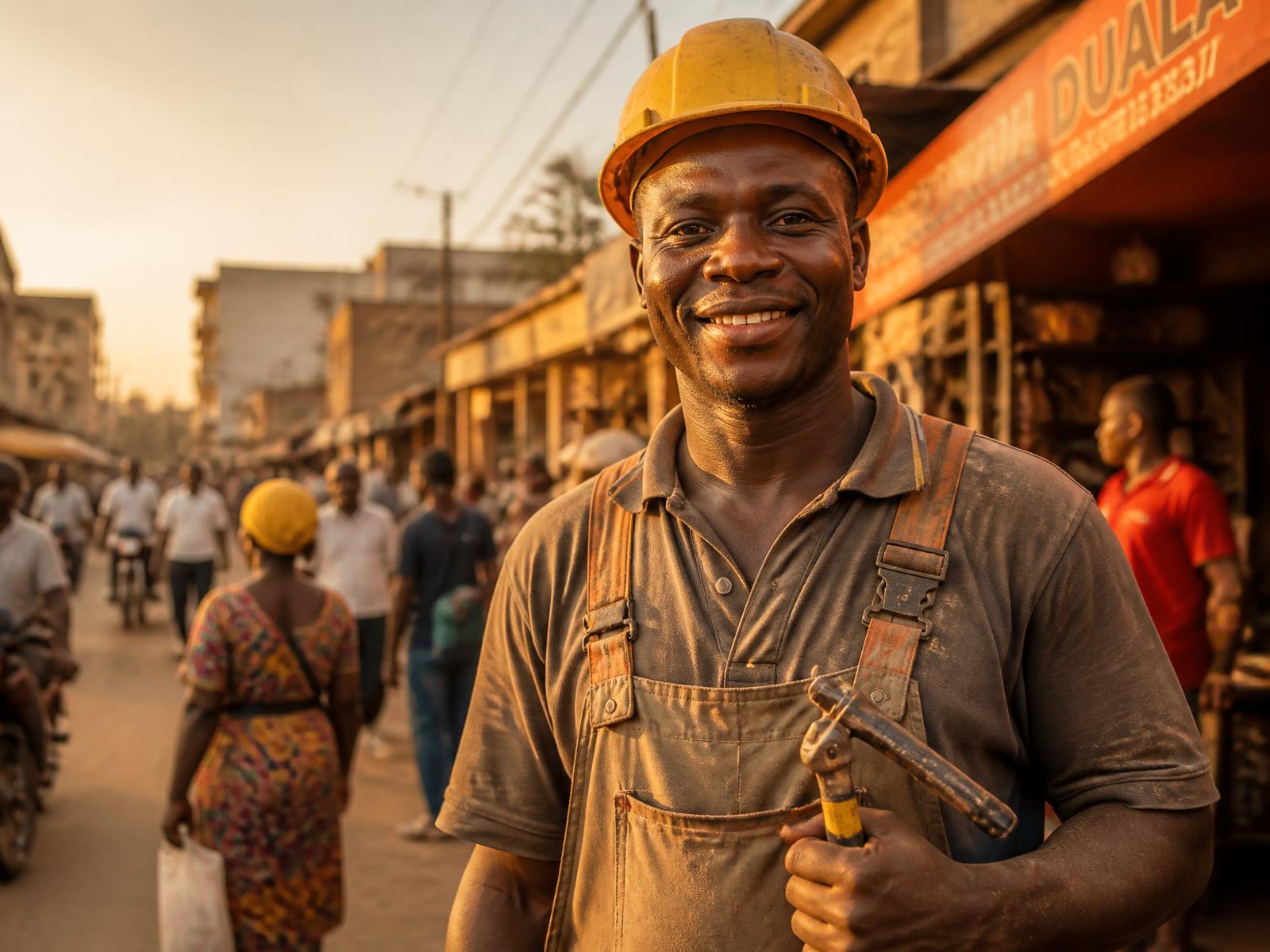 Artisan camerounais souriant avec ses outils dans une rue de Douala